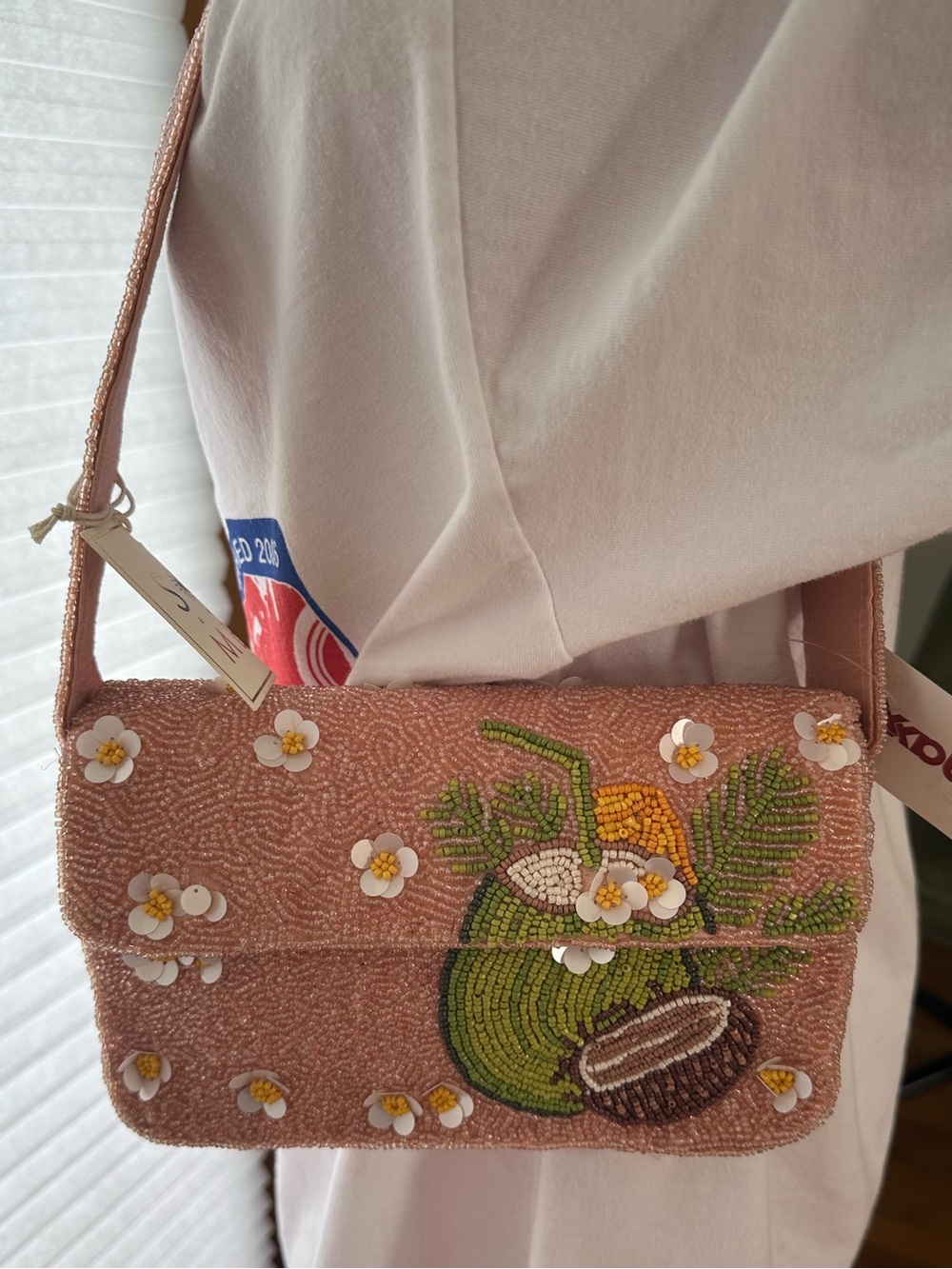 Beaded Blush Pink Shoulder Bag with Coconut Motif